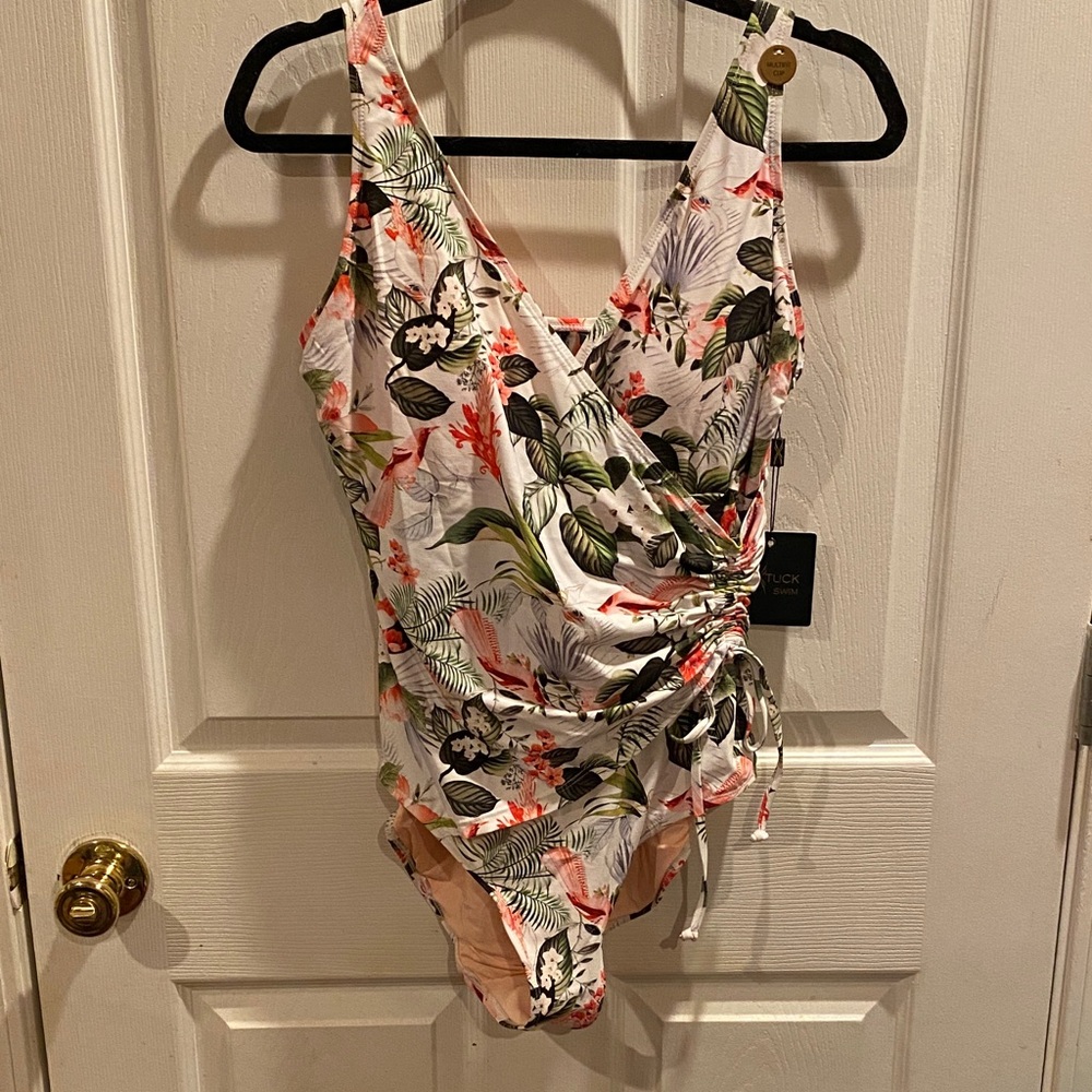 Tropical Floral White One-Piece Swimsuit with Side Ruched Tie